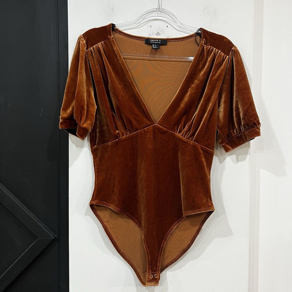 Orange Velvet Deep V Neck Puff Sleeve Bodysuit Size Large Whimsigoth Boho